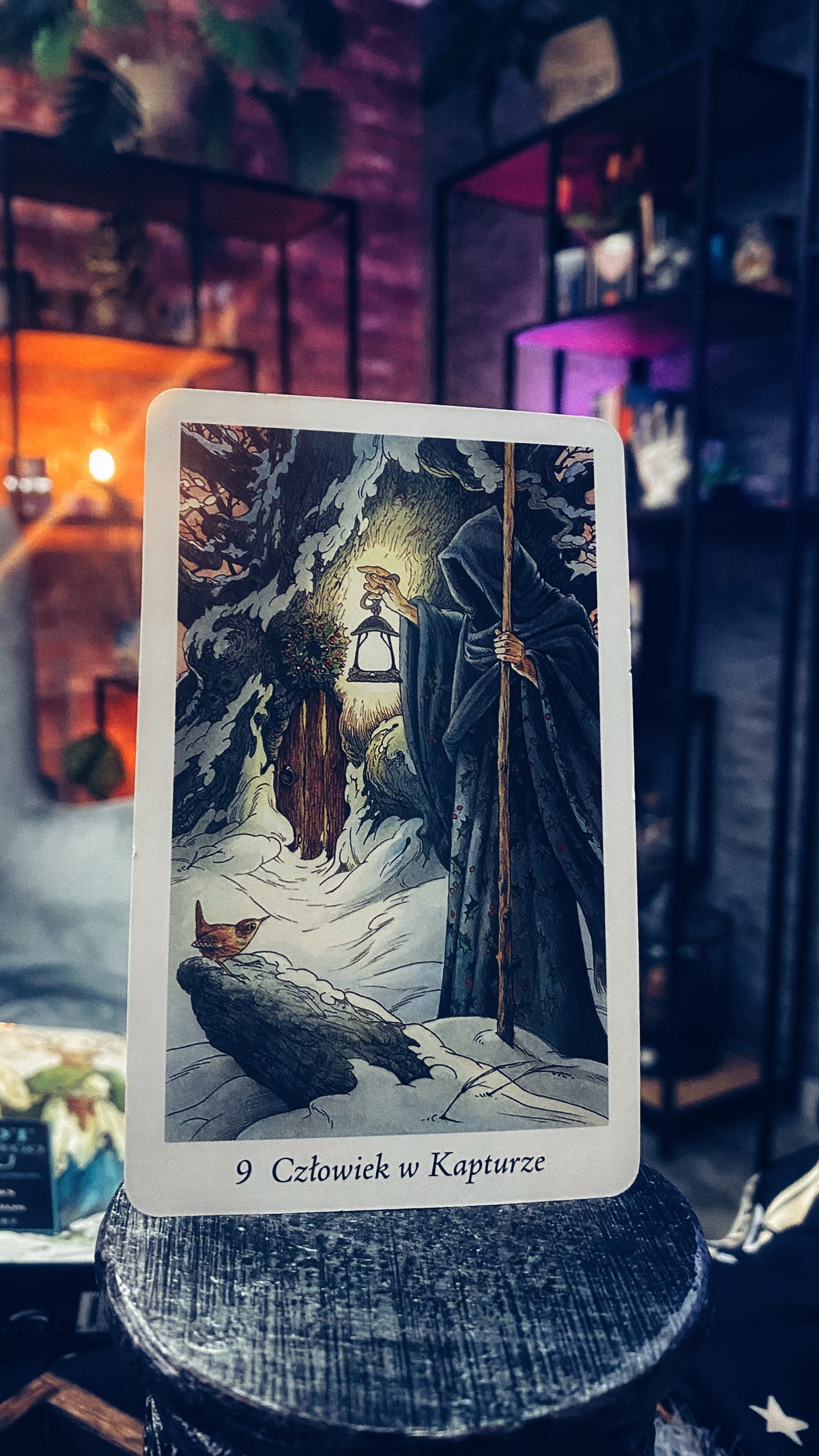 Karta Człowiek w Kapturze z talii tarota, symbolizująca introspekcję i duchowe poszukiwania, na tle mistycznego wnętrza, idealna do interpretacji drogi życia i kart życia tarot.