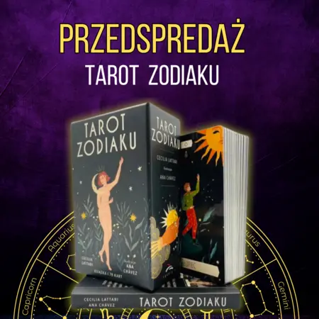 Przedsprzedaż Tarot Zodiaku: Talia kart tarota z ilustracjami zodiakalnymi, ekskluzywna oferta na tle symboli astrologicznych.